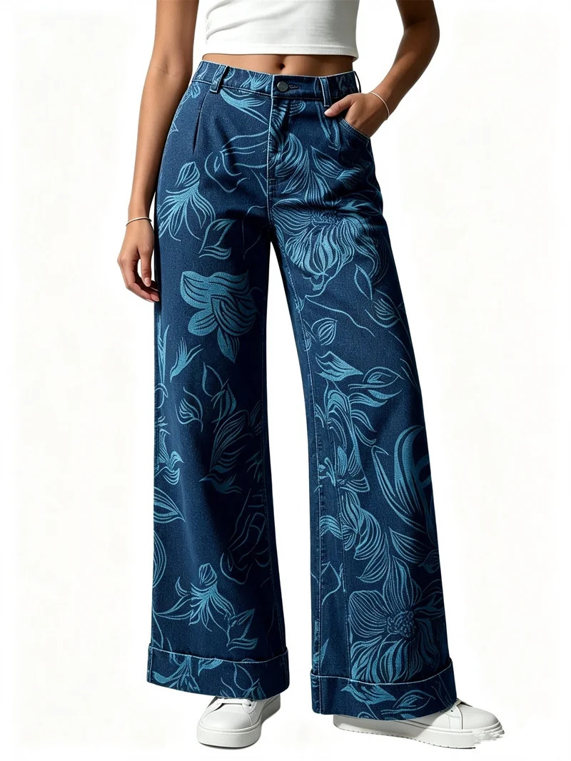 Floral Print Women Long Jeans Wide Leg Casual Denim Pants | Walmart (US)