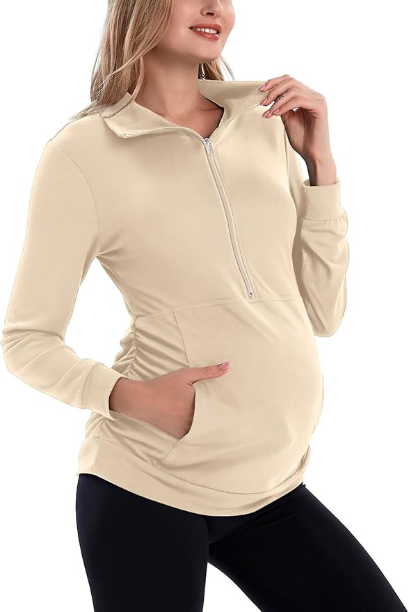 GINKANA Maternity Women's Long Sleeve Shirt Half Zipper Lapel Lightweight Casual Maternity Pullov... | Amazon (US)