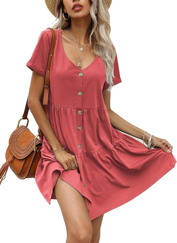 Aifer Women’s Short Sleeve Mini Dress Button Down Casual Loose Swing Babydoll Dress | Amazon (US)