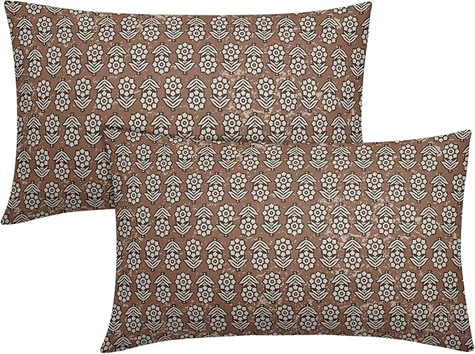 Brown Floral Lumbar Pillow Covers 12x20 Set of 2 Rustic Old Style Block Print Outdoor Decorative ... | Amazon (US)