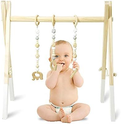 Homegician Baby Wood Gym, Wood Play Gym with 3 Wooden Baby Teething Toys Foldable Baby Play Gym F... | Amazon (US)
