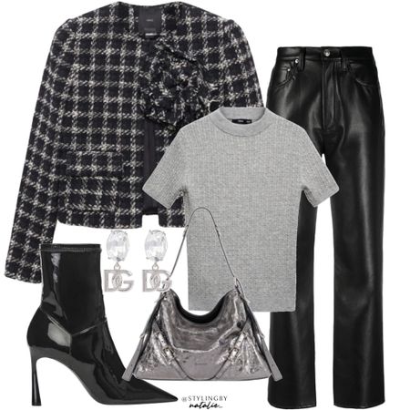 Tweed jacket, leather trousers, grey braided high neck sweatshirt, patent heeled ankle boots, Givenchy metallic voyou bag. Crystal drop D&G earrings. Going out outfit, faux leather pants, date night style, fall outfit.

#LTKSeasonal #LTKstyletip #LTKHoliday