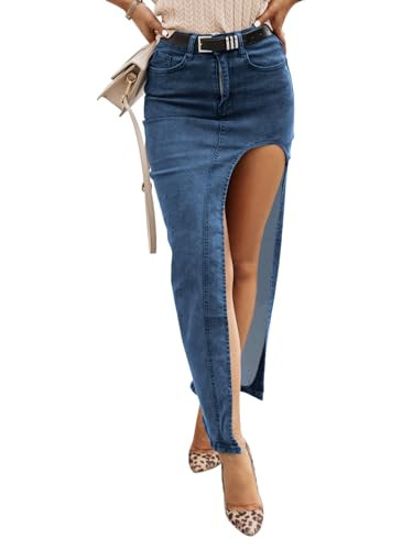 Wenrine Women's Sexy High Waist Denim Skirt Split Zip Up Jean Skirt Casual Maxi Skirt with Pocket... | Amazon (US)