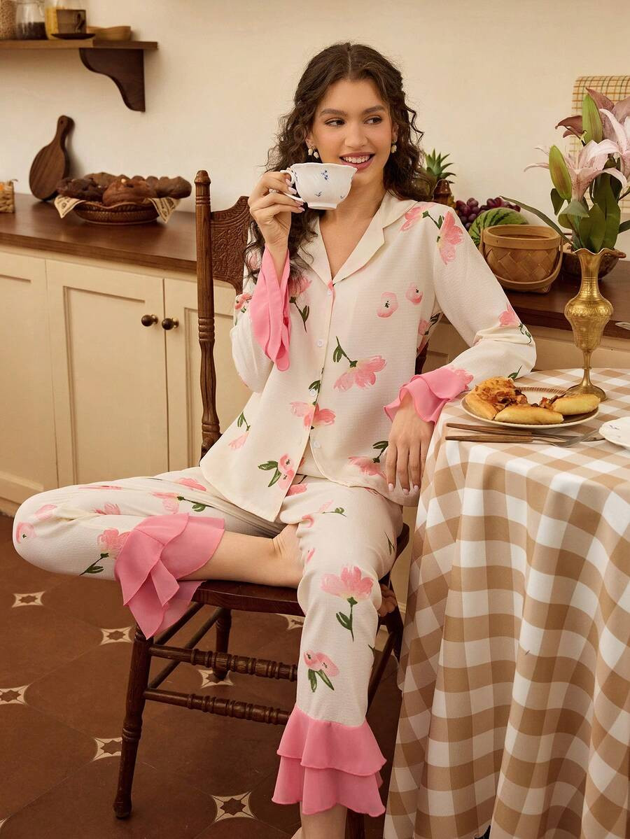 Women's Floral Printed Ruffle Hem Top And Pants Pajama Set Holiday Season Bountiful Floral Splend... | SHEIN