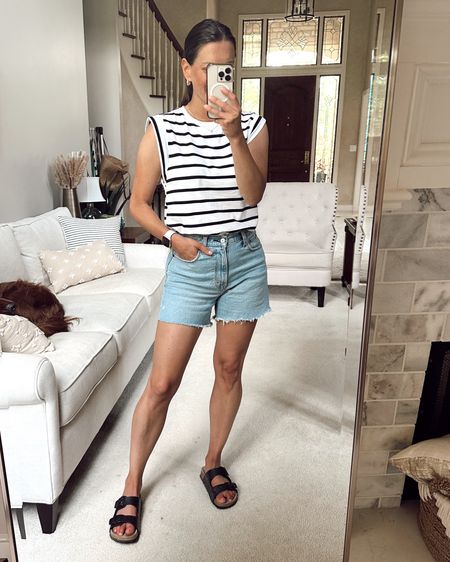 Casual summer outfit idea with this Amazon striped tank (runs tts), Abercrombie jean shorts (run small), amazon sandals (run tts)



#LTKover40 #LTKstyletip #LTKfindsunder50