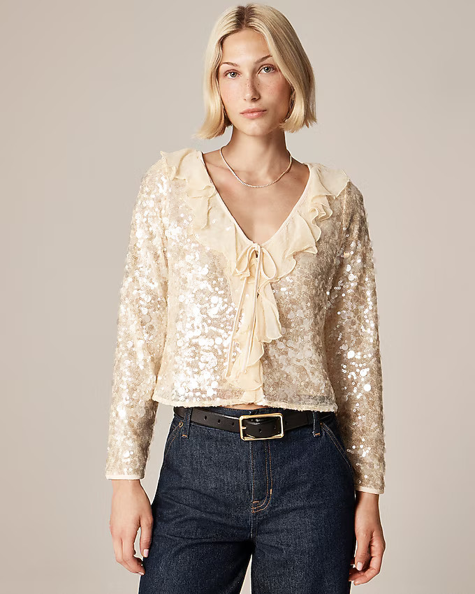 Sequin ruffle-trim shirt with ties | J. Crew US