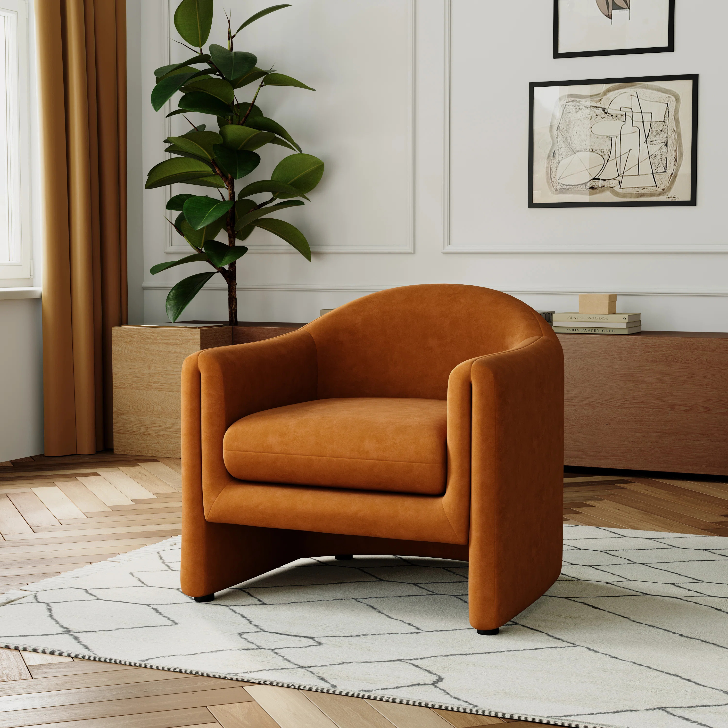 Esly Upholstered Modern Curved Rusted Orange Velevt Barrel Accent Chair | Wayfair North America
