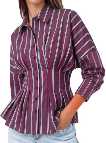 Tankaneo Womens Striped Button Down Shirt Cinched Waist Office Blouse | Amazon (US)
