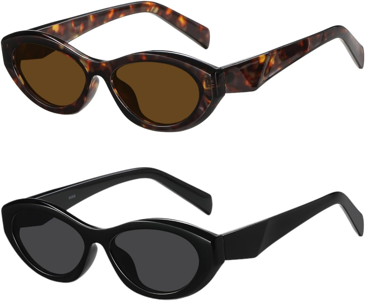 Trendy Oval Sunglasses for Women Retro Small Cat Eye Glasses 90s Shades | Amazon (US)