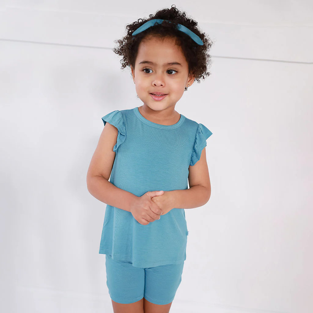 Solid Blue Ruffled Cap Sleeve Toddler Girl Shirt | Celestial Blue | Posh Peanut