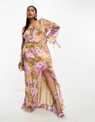 ASOS DESIGN Curve frill maxi dress with keyhole detail in mixed floral leopard print  | ASOS | ASOS (Global)