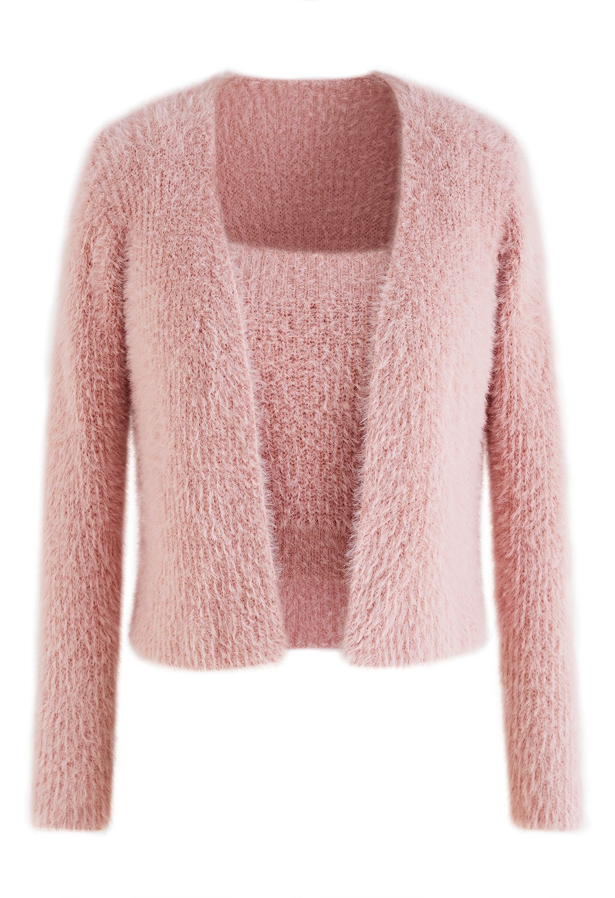 Extra Soft Fuzzy Knit Cami Top and Cardigan Set in Pink | Chicwish