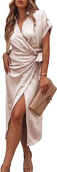 Linsery Women Elegant Satin Button Down Short Sleeve Maxi Shirt Dress with Belt | Amazon (US)
