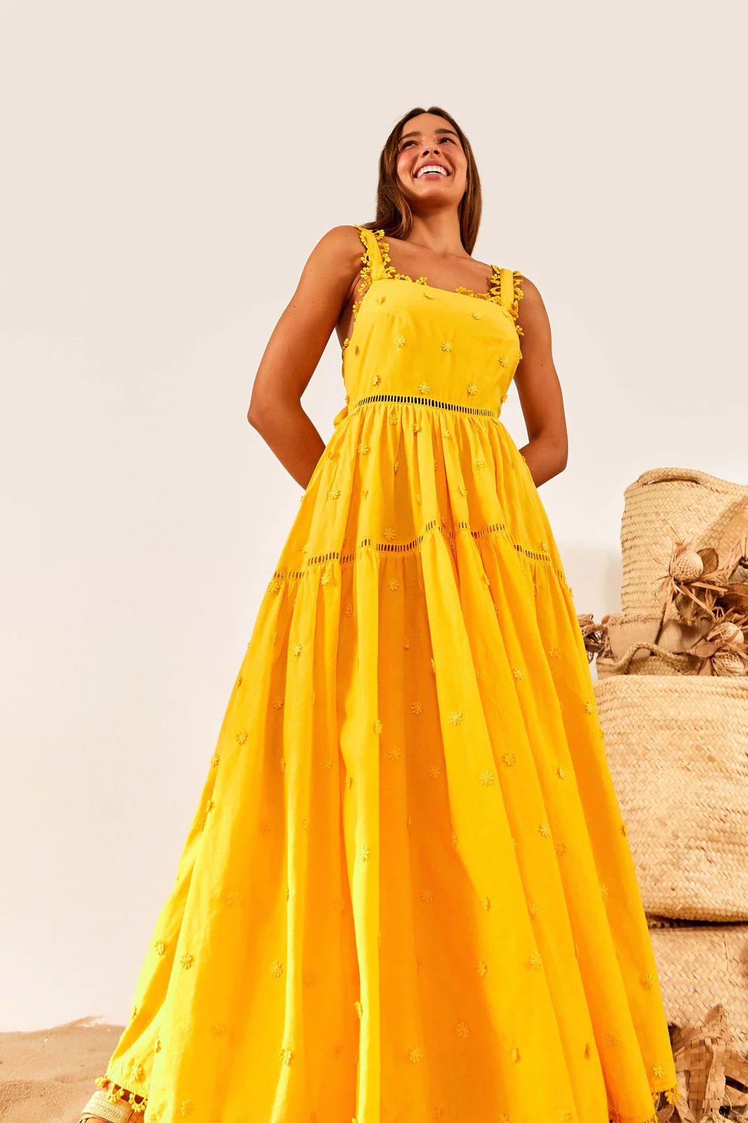 Yellow 3D Flowers Midi Dress | FarmRio