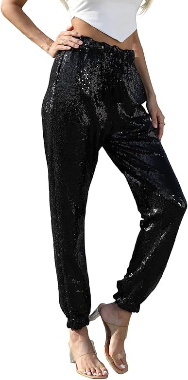 J&DHUASHA Womens Casual Sparkly Sequin Pants High Waist Glitter Joggers Pants Bling Party Skinny ... | Amazon (US)