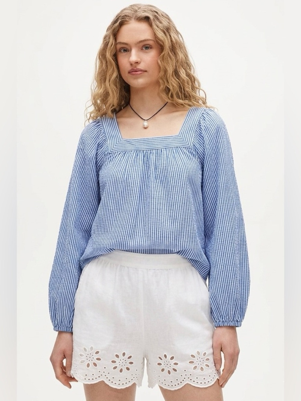 J. Crew Blue/White Striped Seersucker Square-Neck Top Size XS Coastal Beach Boho | Poshmark
