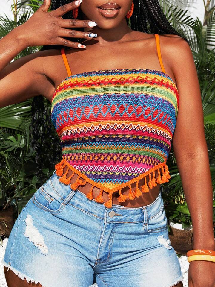 SHEIN Slayr 2024 Sexy Summer Music Festival Street Casual Color Blocking Bodycon Tassel Hem Tight... | SHEIN