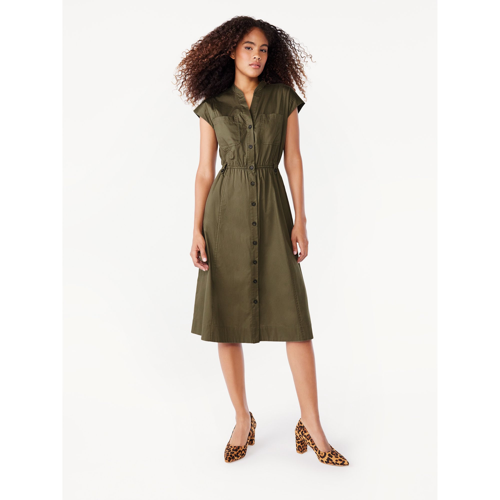Free Assembly Women's Belted Utility Midi Shirtdress with Short Sleeves, Sizes XS-XXL | Walmart (US)