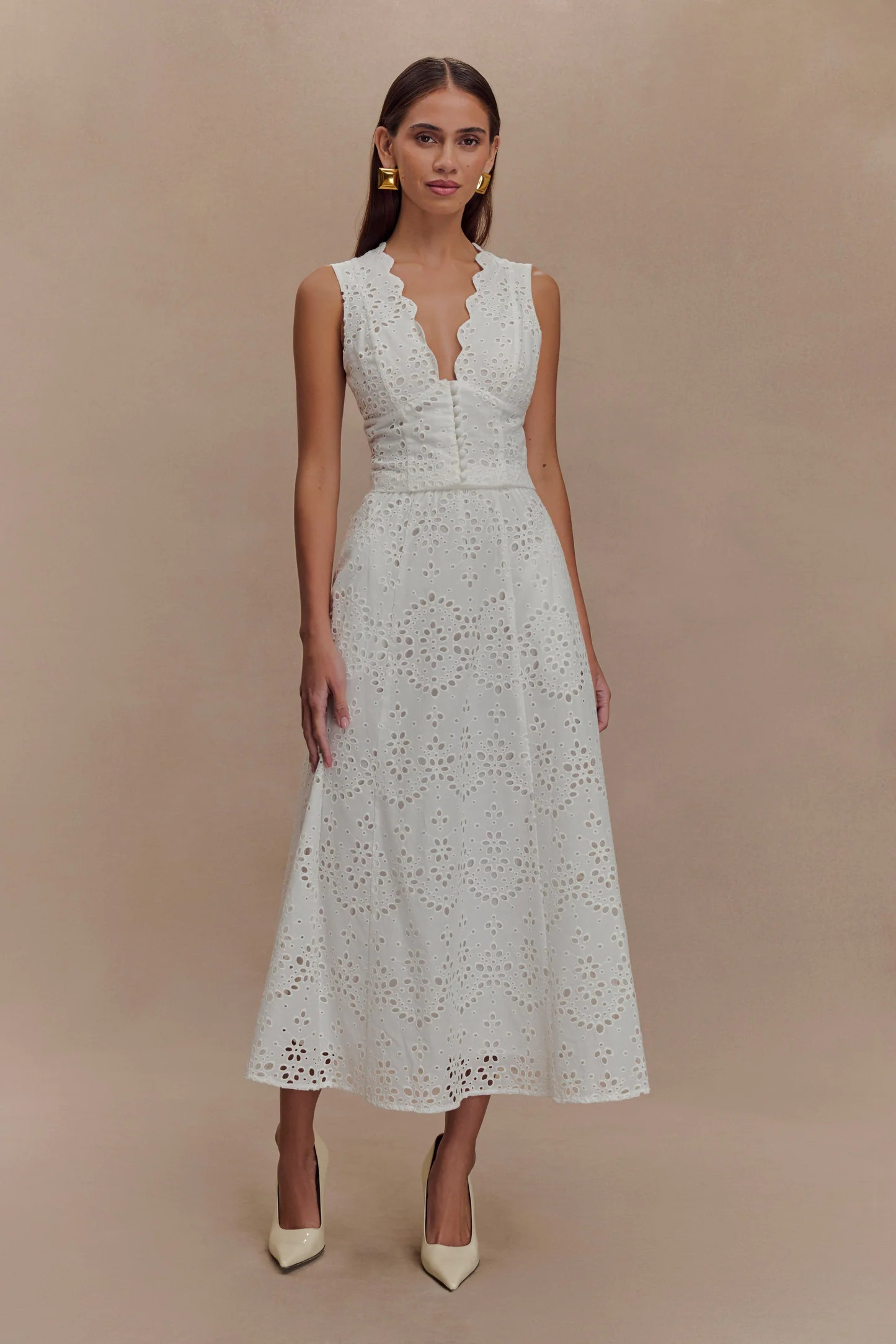 Arla Broderie Midi Skirt - White | MESHKI US