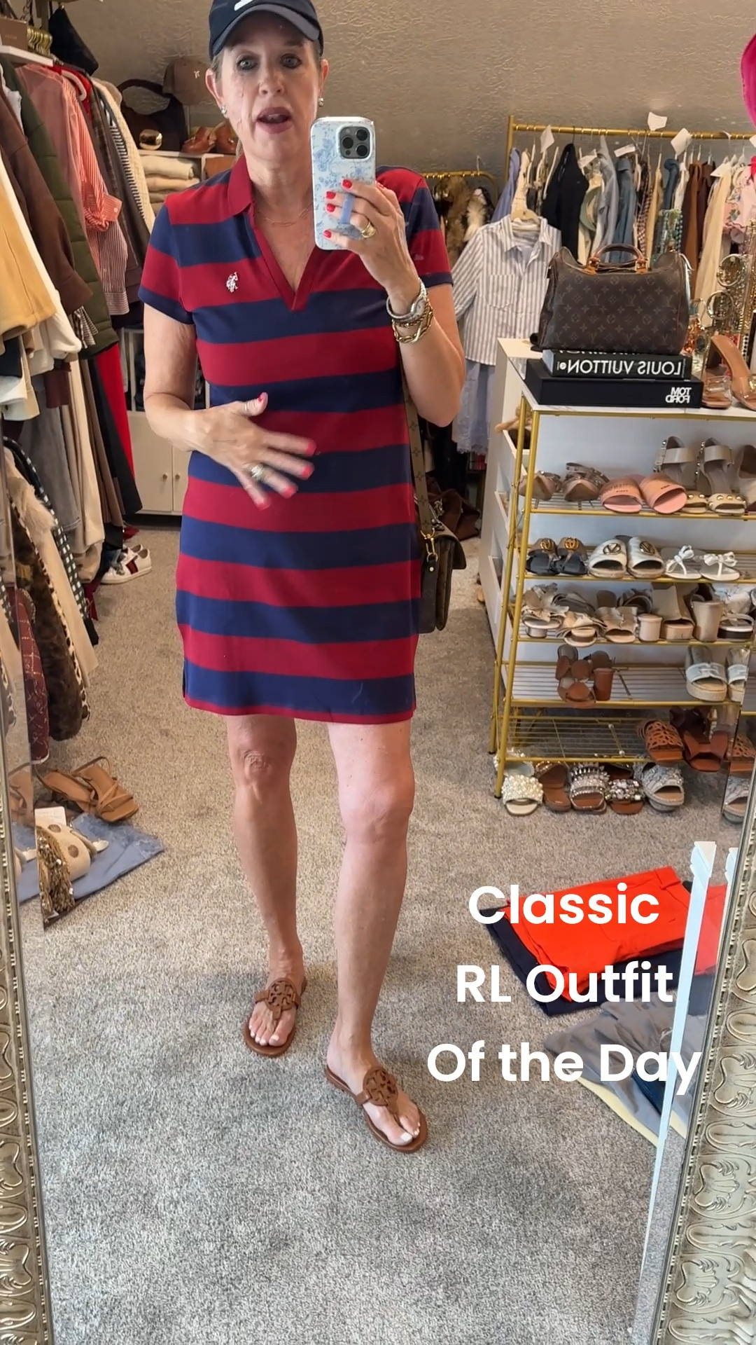 Classic Ralph Loren 
Outfit inspo 

Bold Stripe Ralph Lauren Polo 
Dress, with collar and v neck
Fits true to size 
Comes in two color ways 
This burg & navy 
And 
Navy and white
On major sale $24.99

NY baseball cap in navy 

Tory Burch miller sandals in color cognac  tts 

6 Ct manufactured diamond  stud earrings 

Louis Vuitton bag 
Buy
 or rent with Vivrelle 
Get one month FREE with code DARCY

#LTKOver40 #LTKgrwm #LTKSaleAlert