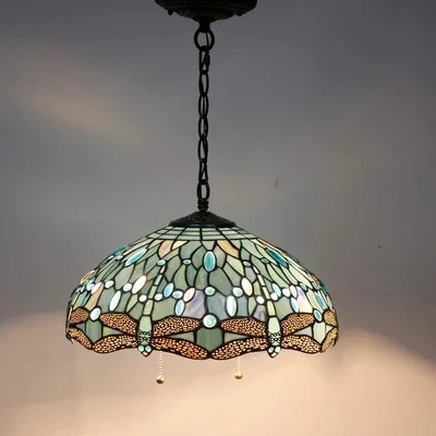 Tiffany Pendant Light Fixture Sea Blue Stained Glass Dragonfly Hanging Lamp Wide 16inch Height 40inch | Wayfair North America