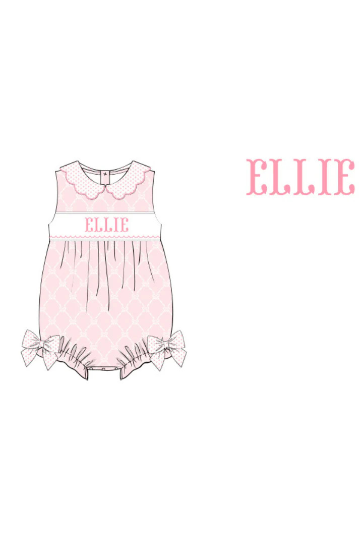 Pre-Order Custom Hand Smocked Name Pink Bow Trellis Bubble | The Smocked Flamingo