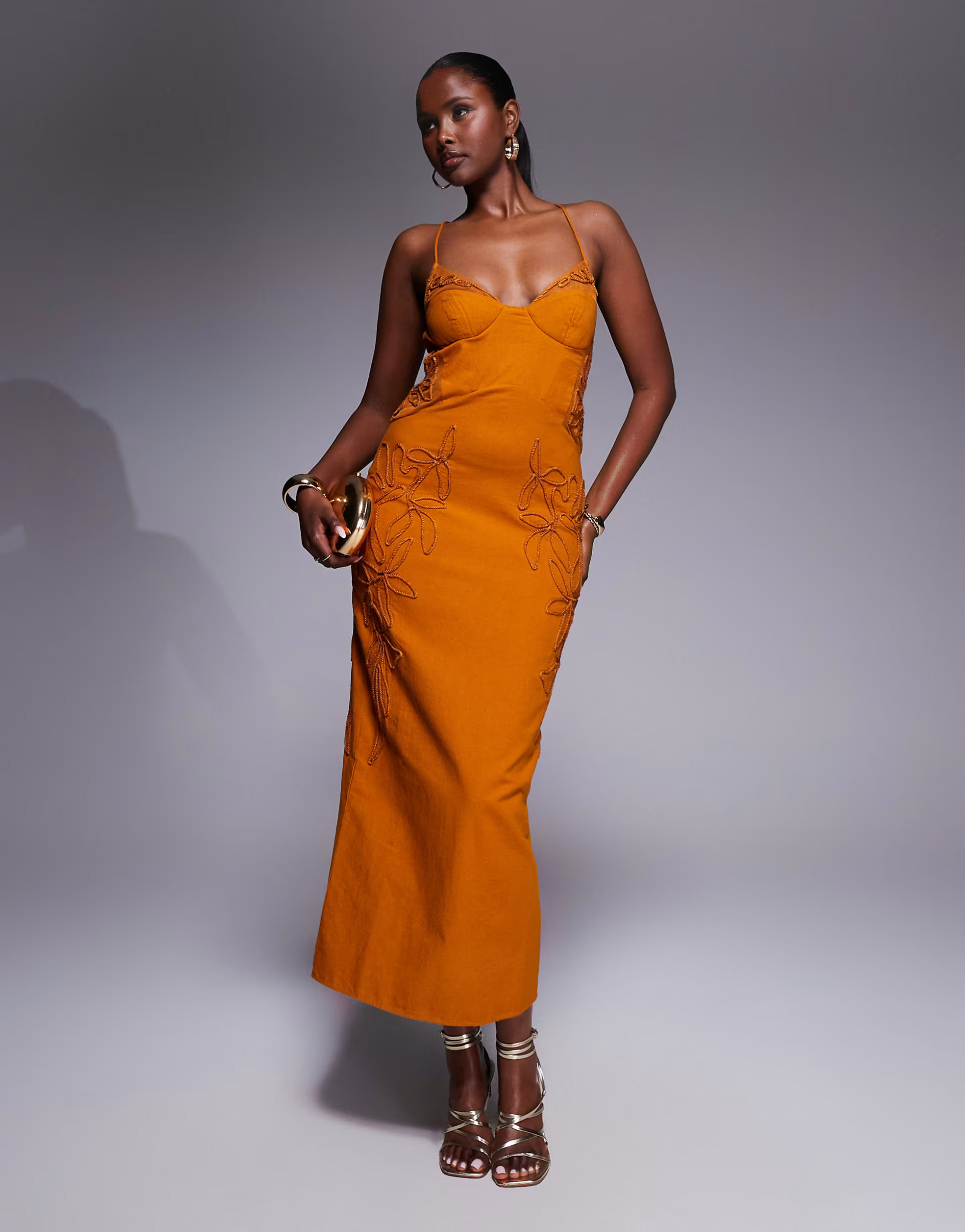 ASOS DESIGN embroidered floral corset maxi dress in deep gold | ASOS (Global)