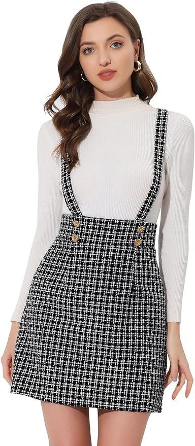 Allegra K Women's Vintage Tweed Overall Dress Strap Braces Plaid Suspender Skirt | Amazon (US)