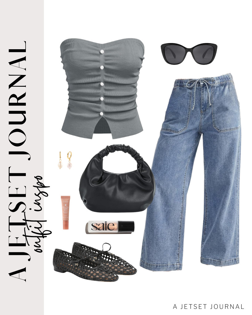 Your next outfit can be a gray pearl tube top and GRAPENT high-waisted jeans. For your footwear, you can choose Sam Edelman’s Mary Jane flats. Accessorize with gold huggie hoop earrings.

#LTKSeasonal #LTKSaleAlert #LTKTravel
 

 