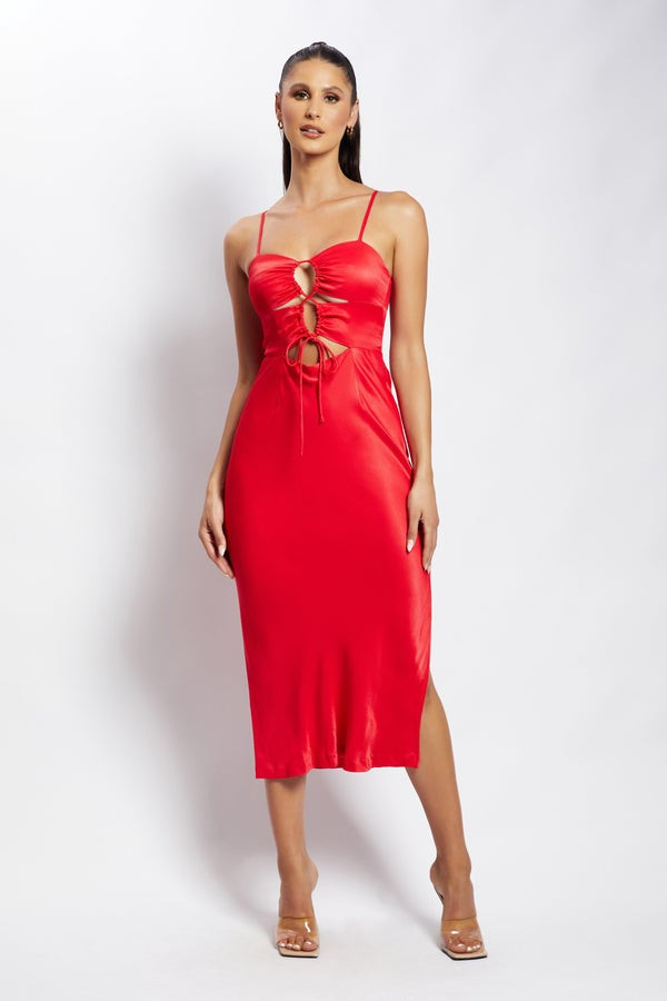 Cassie Ruched Cut Out Maxi Dress - Red | MESHKI US