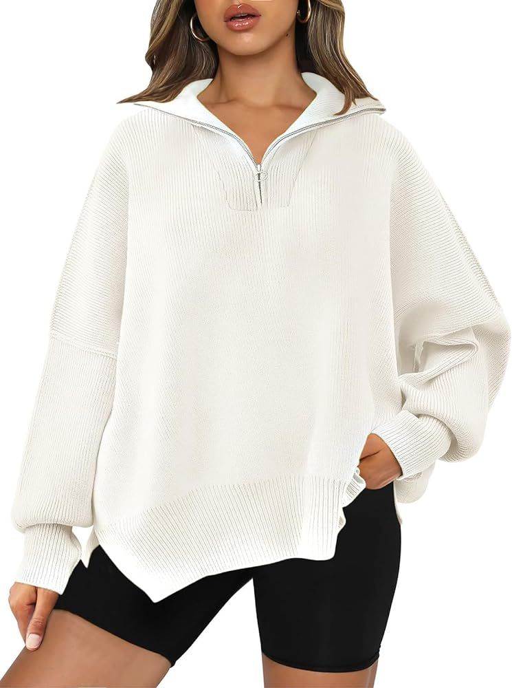 LILLUSORY Women's Oversized Sweaters 2023 Fall Zipper Collared Drop Shoulder Tunic Pullover Split... | Amazon (US)