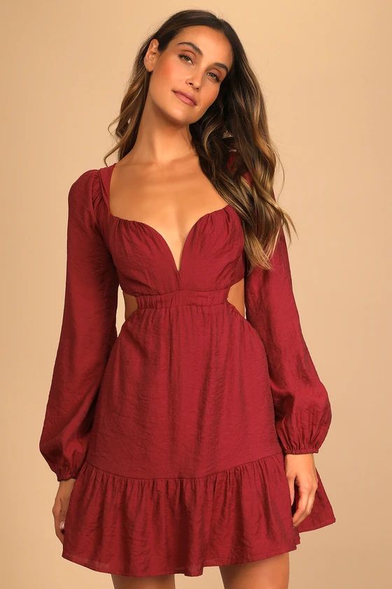 Splendid Surprise Red Long Sleeve Cutout Ruffled Mini Dress | Lulus (US)