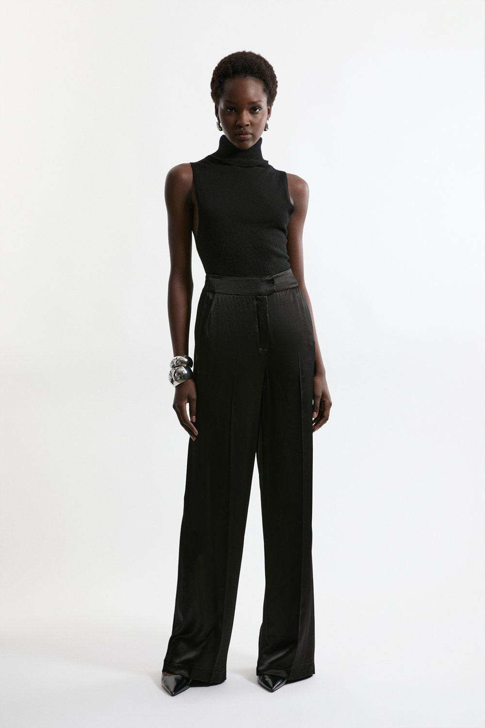 Tailored Viscose Satin Back Crepe Wide Leg Trousers | Karen Millen UK + IE + DE + NL