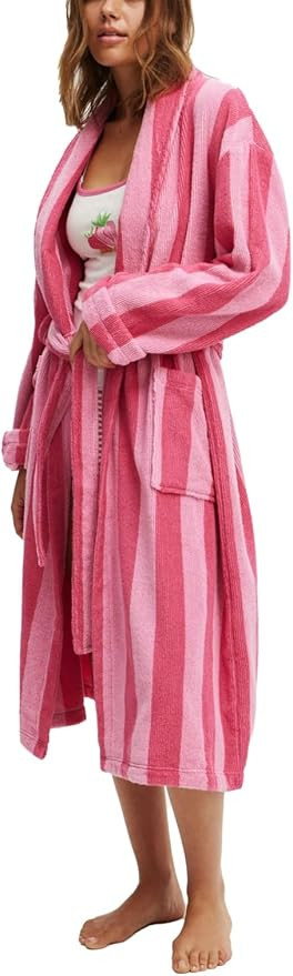Women’s Striped Shawl Robe Plush Fleece Nightgown BathRobe With Belt Long Sleeve Graphic Bathro... | Amazon (US)