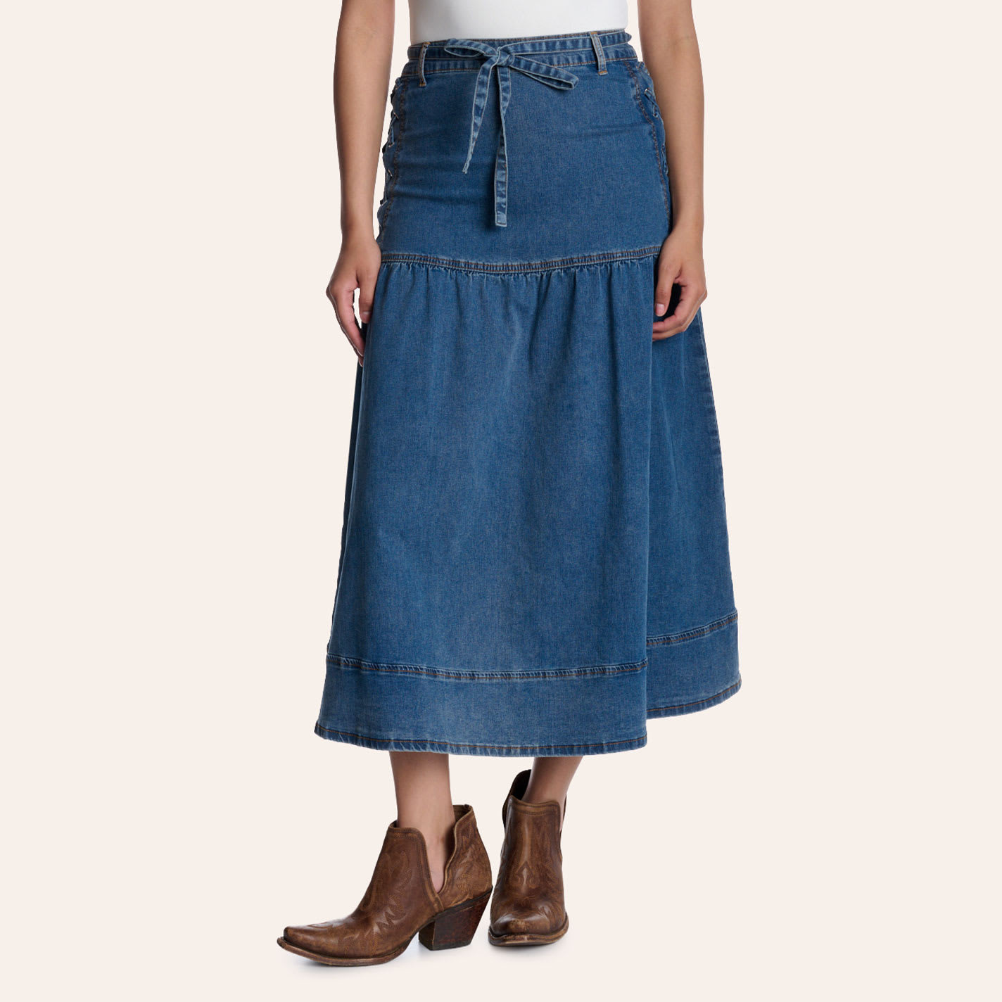 Camellia Women's Medium Wash Drop Waist Tie Side Denim Maxi Skirt - S - From Cavender's | Cavender's