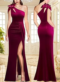Womens 3D Flower One Shoulder Ruched Prom Formal Wedding Guest Maxi Dress 2023 Sexy Cocktail Spli... | Amazon (US)