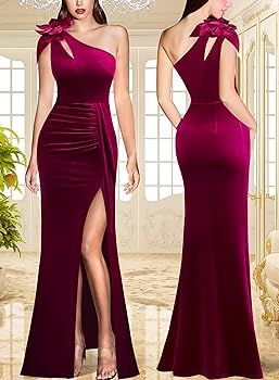 Womens 3D Flower One Shoulder Ruched Prom Formal Wedding Guest Maxi Dress 2023 Sexy Cocktail Spli... | Amazon (US)