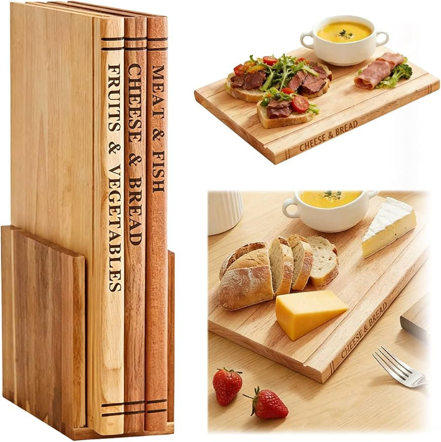 Book Cutting Board Set with Stand, Wooden Cutting Boards for Kitchen Like Books, Acacia Wood Libr... | Amazon (US)