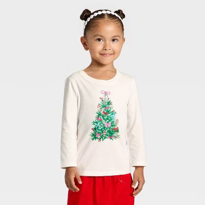 Toddler Girls' Holiday Long Sleeve Graphic T-Shirt - Cat & Jack™ Cream 5T | Target