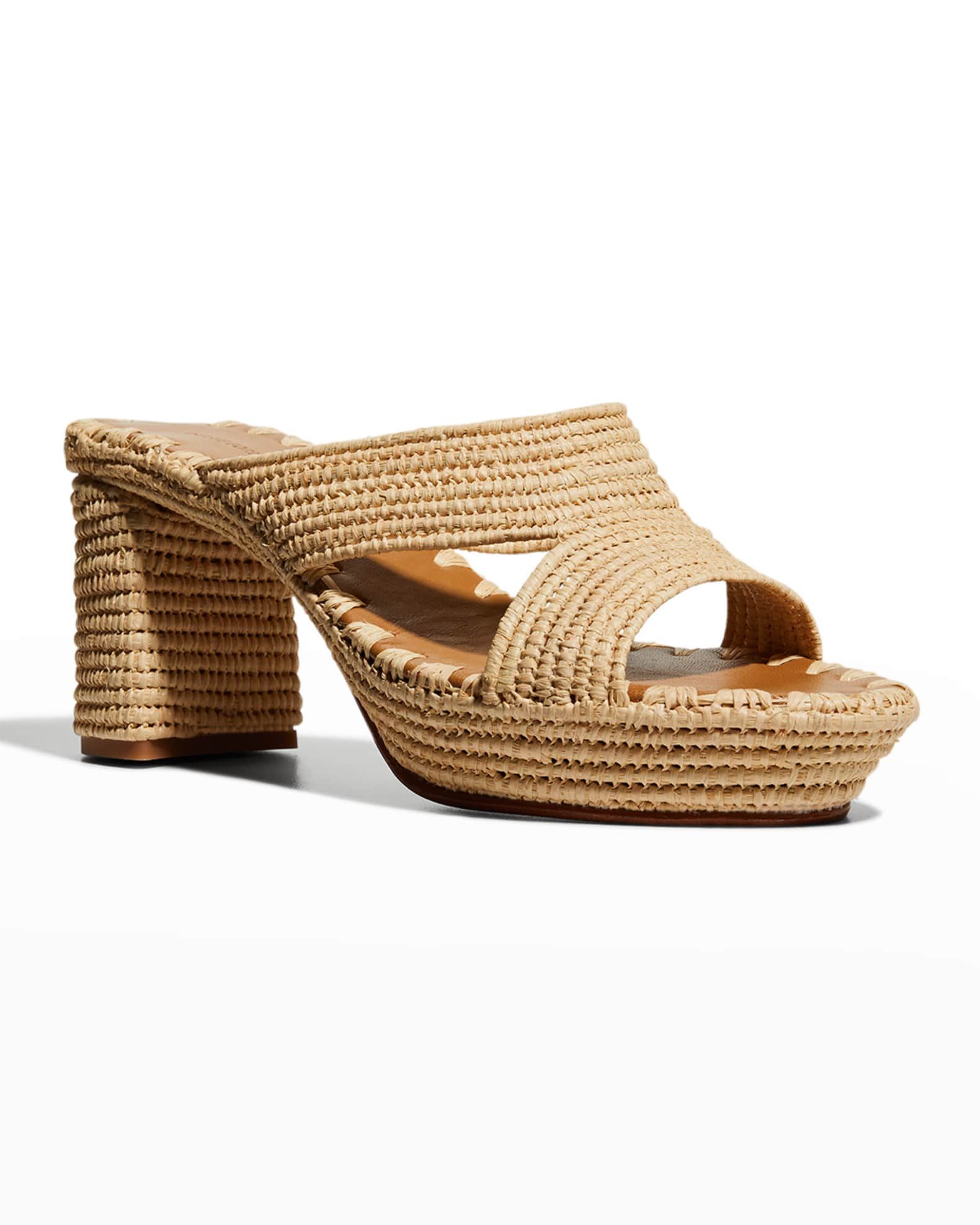 Raffia Crisscross Block-Heel Sandals | Neiman Marcus