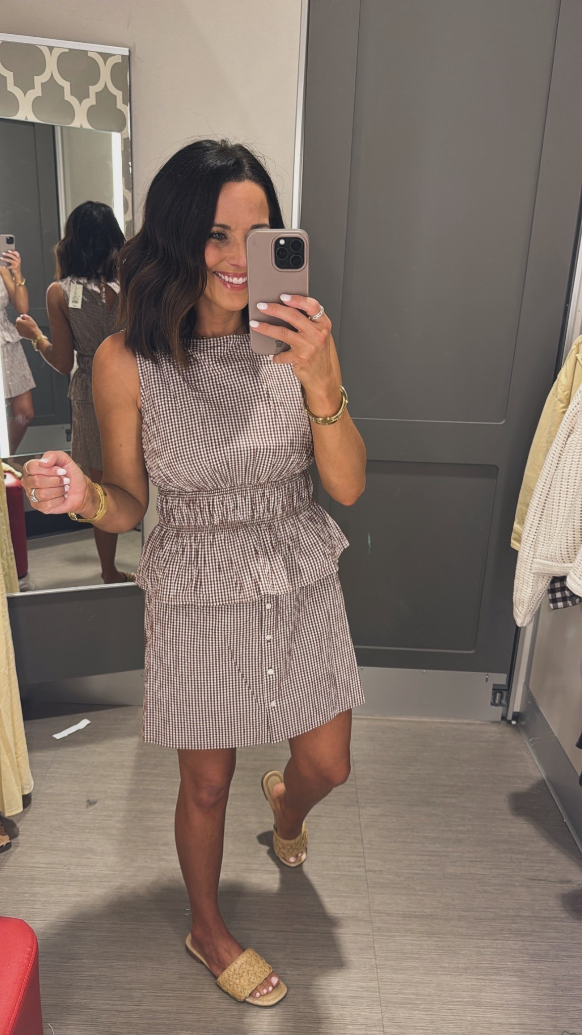 Target gingham set 🤎 this tank + matching button-front skirt with the cutest double waistband detail is SO flattering. The shape gives you that snatched waist look while still being comfy. Paired it with simple brown flats for the sweetest spring outfit. Size XS in both! 5’3 for reference! 

Perfect for brunch, showers, church, or any spring event.