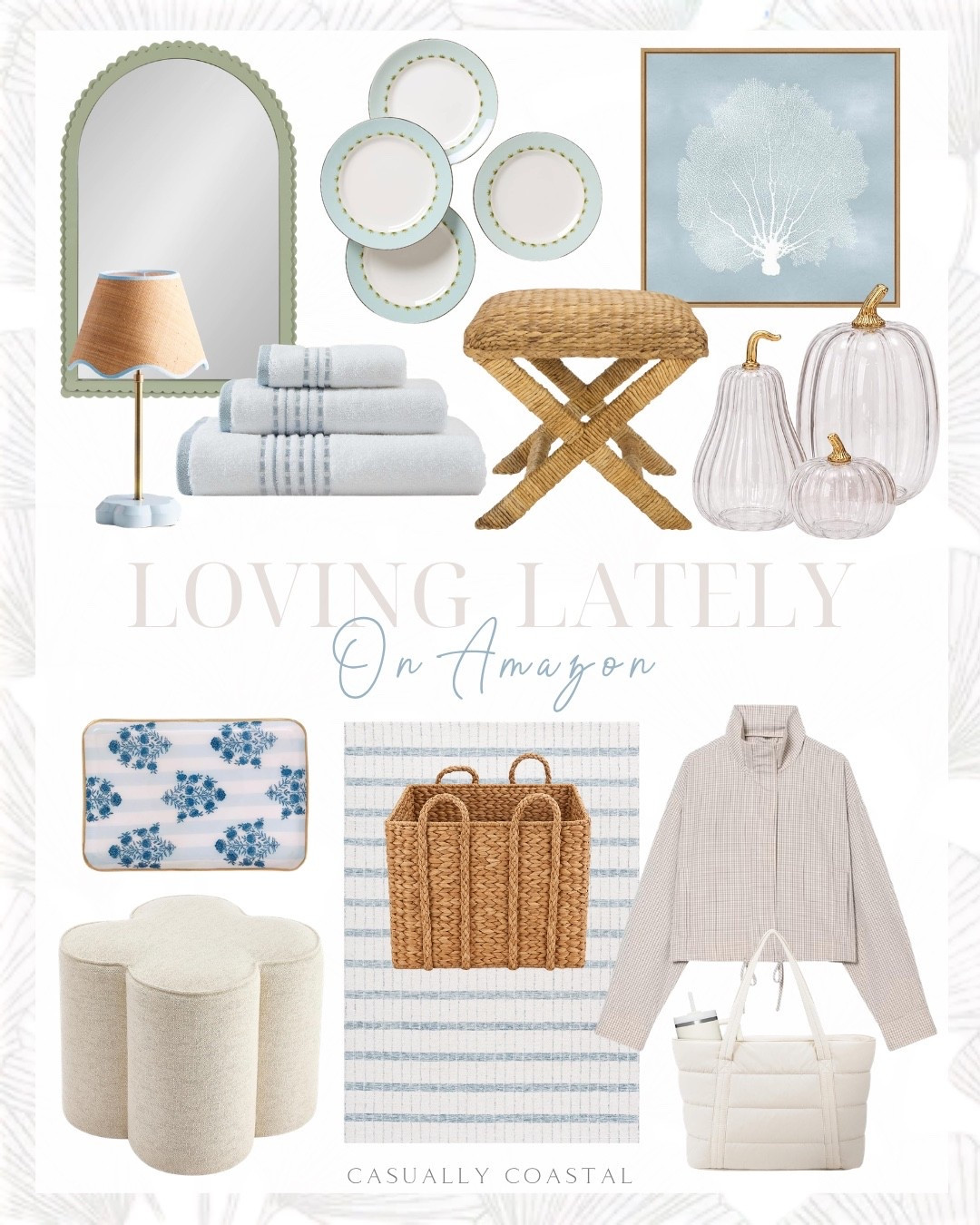 Loving Lately on Amazon 

Amazon home decor, coastal home decor, Amazon rug, Amazon mirror, Amazon lamp, Amazon towels, Amazon stool, Amazon basket, Amazon pumpkin, fall home decor, coastal pumpkin, coastal mirror, coastal rug, British colonial tradewind dinner plates, coastal plates, scalloped arch mirror, beige linen ottoman, small vanity stool, mud pie floral tidbit, jewelry tray, Amazon wall art, coastal wall art, sea fan art, high neck plaid jacket, fall jacket, puffer tote bag, 4x6 rug, striped rug, ivory and blue rug, tommy bahama towels, accent stool, rechargeable table lamp, glass pumpkins, seagrass handmade storage basket, woven basket

#LTKHome #LTKSeasonal