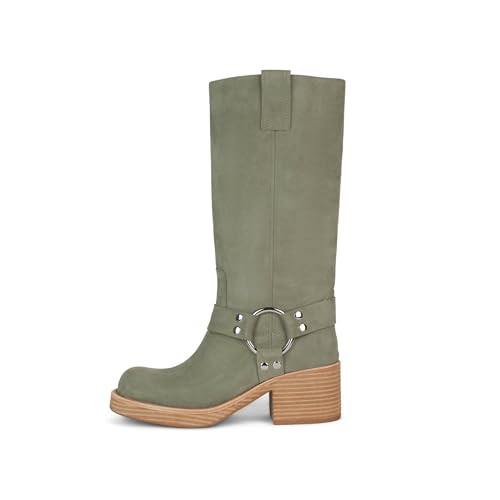 GTBINGGO Women's Knee High Riding Boots Round Toe Block Heel Fashion Motorcycle Booties Side Zipper Biker Riding Boots with Studs Olive green Size US10.5 | Amazon (US)