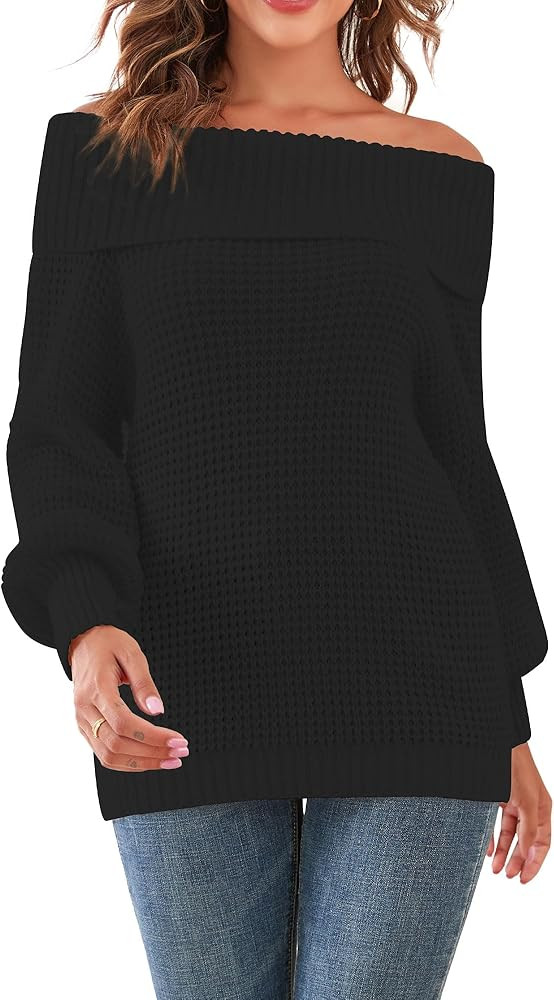 ZAFUL Women 2023 Waffle Knit Off Shoulder Sweater Lantern Sleeve Ribbed Pullover Jumper Top | Amazon (US)