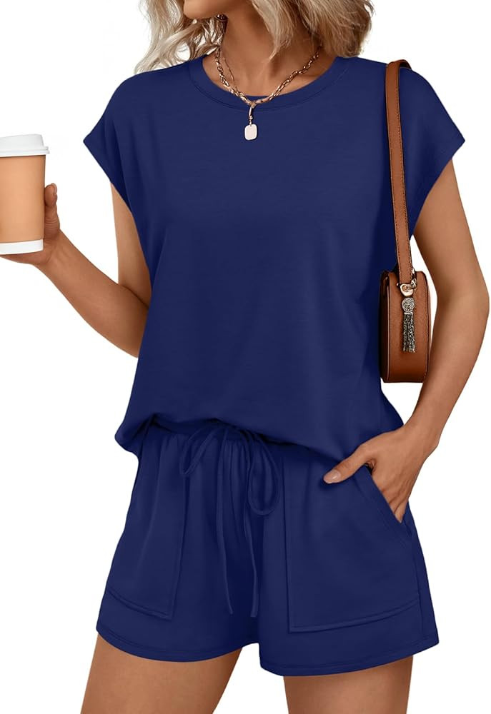 AUTOMET Womens Crew Neck Two Piece Short Sets Cap Sleeve Drawstring Summer Sweatsuit with Pocket | Amazon (US)
