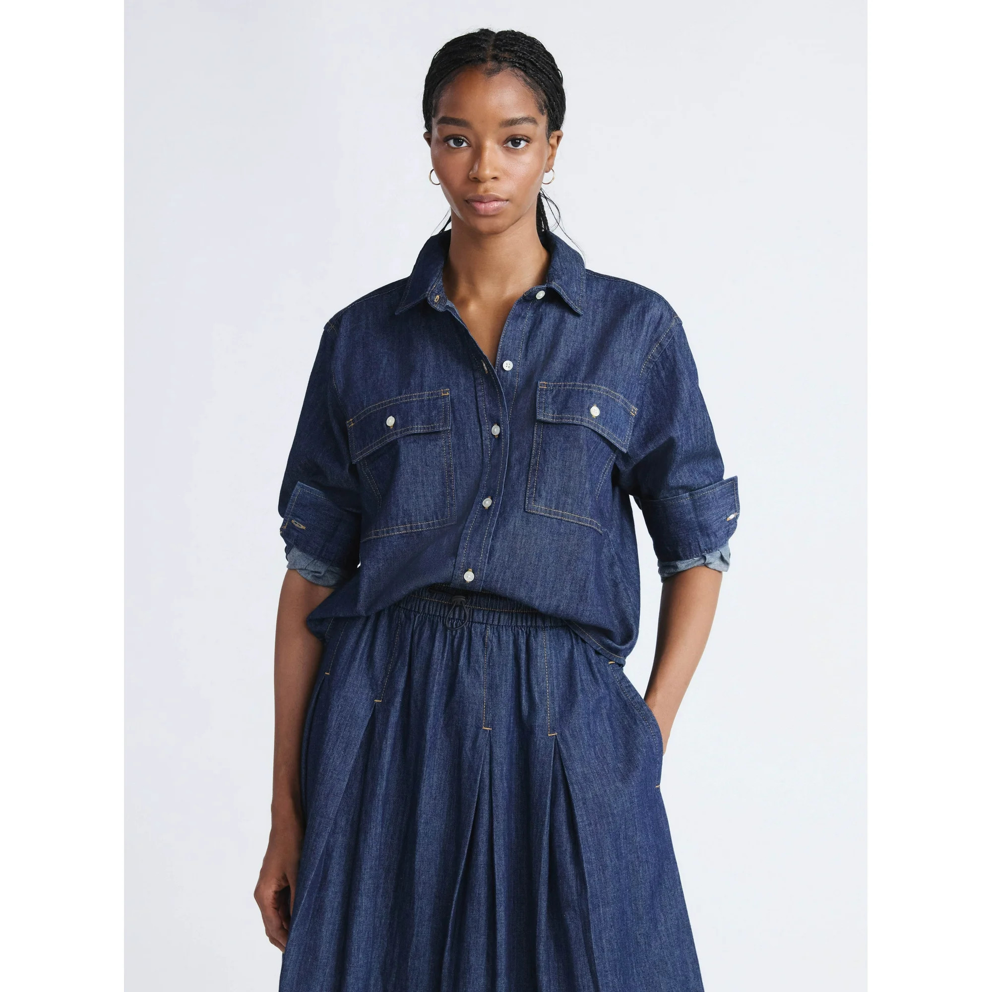 Free Assembly Women's Cropped Denim Utility Shirt with Long Sleeves, Sizes XS-XXL | Walmart (US)