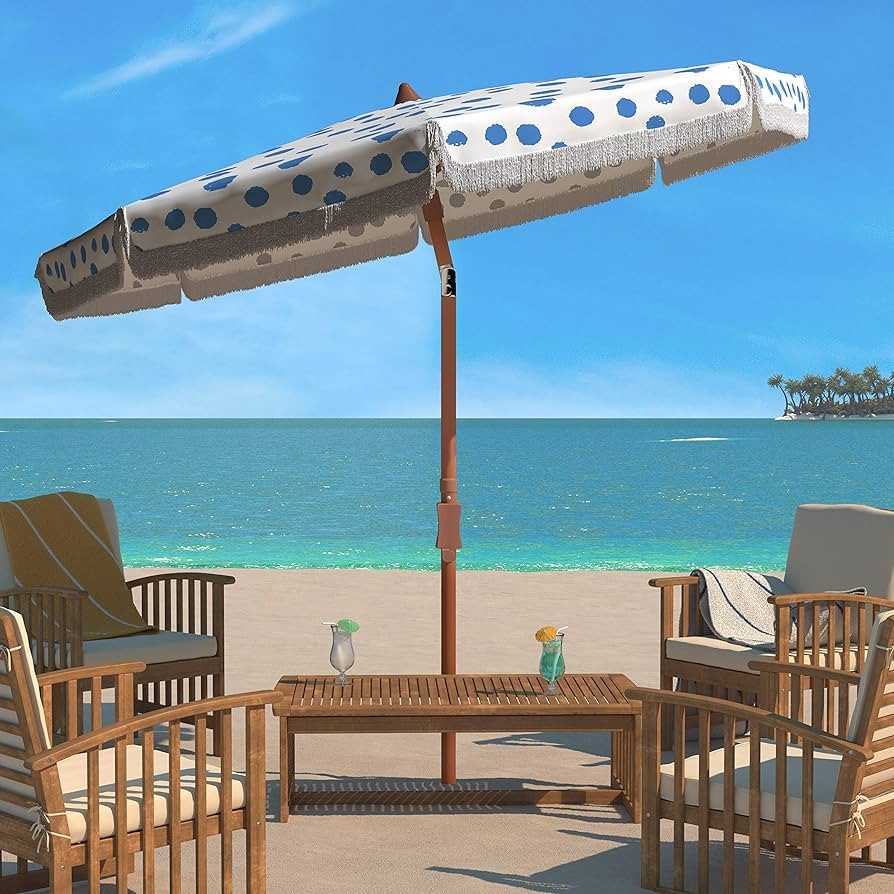 SAFAVIEH Outdoor Collection Sydney White and Light Blue Polka Dot 6.5-Foot Fringe Tilt Beach Umbr... | Amazon (US)
