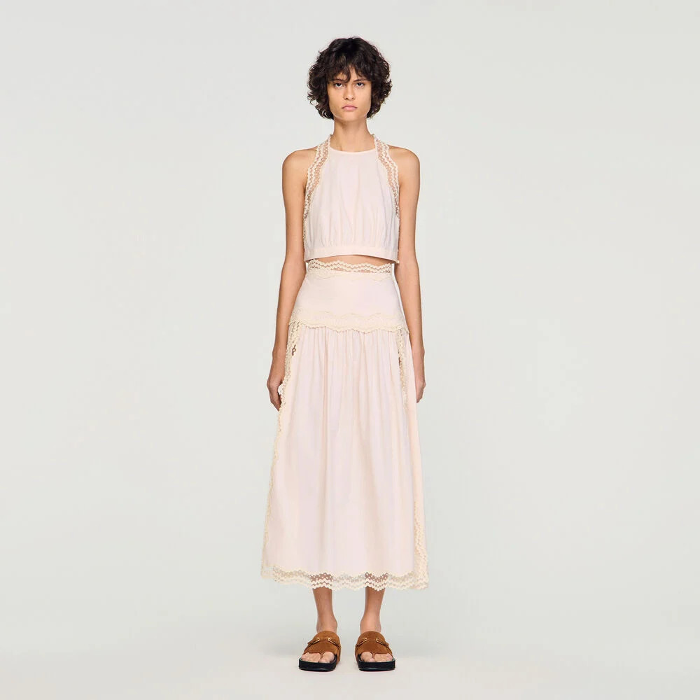 Maxi cotton skirt with trim | Sandro US | Sandro-Paris US