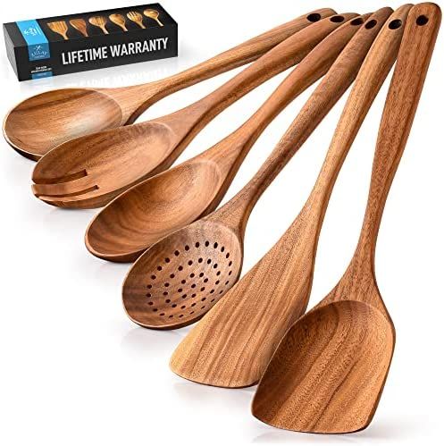 Zulay Kitchen 6 Piece Wooden Spoons for Cooking - Smooth Finish Teak Wooden Utensils for Cooking ... | Amazon (US)