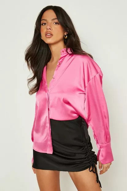 Satin Deep Cuff Relaxed Fit Shirt | Boohoo.com (US & CA)